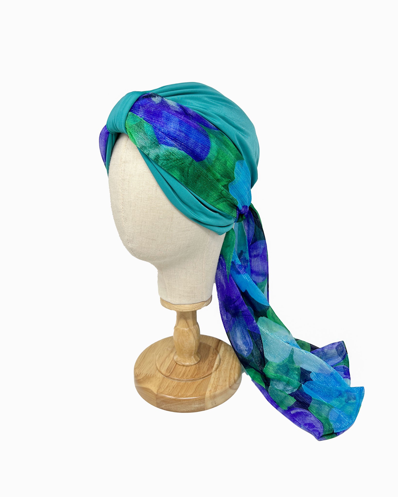 Aqua green jersey turban with foulard