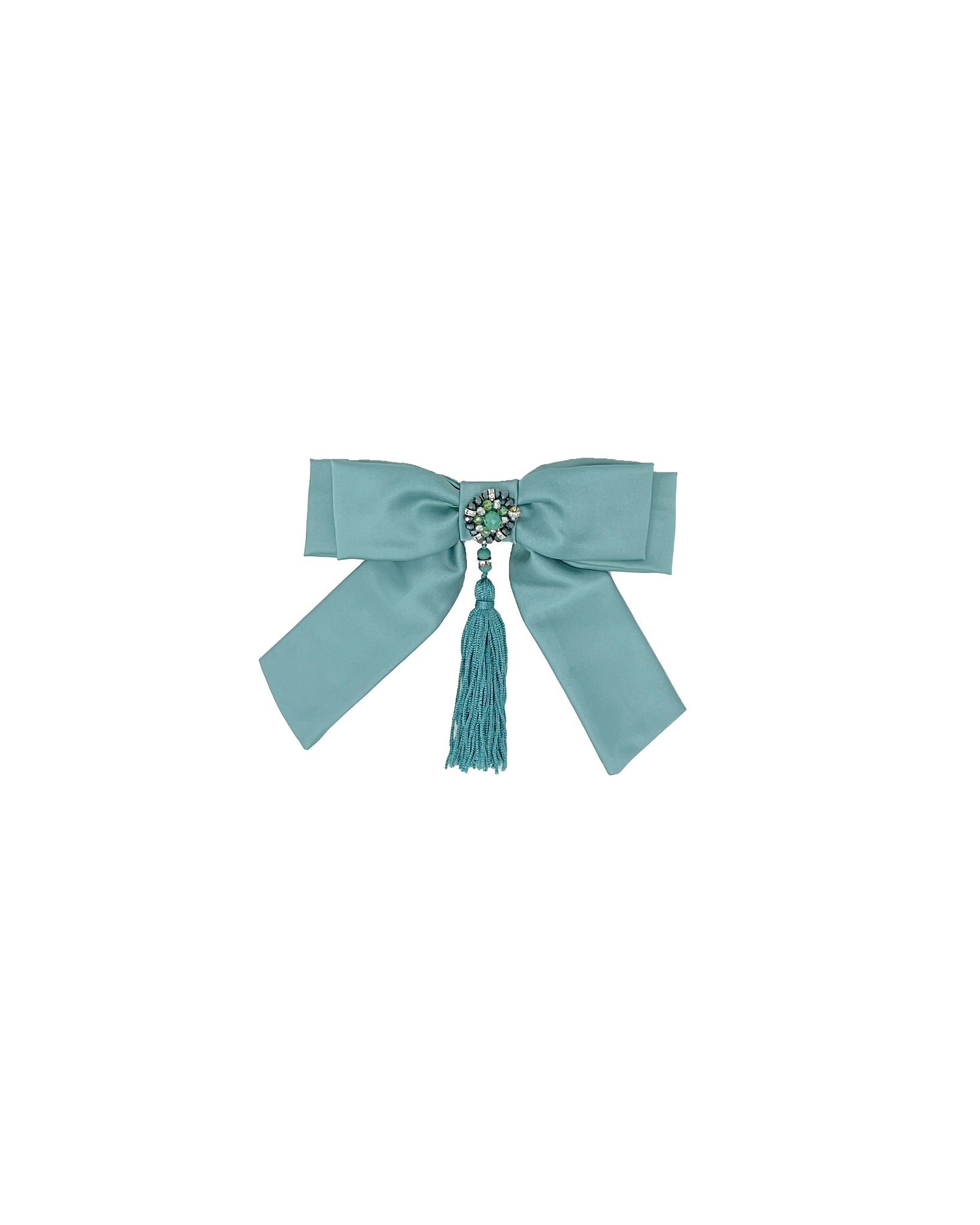 Aqua green satin hair bow with embroidered knot and central tassel