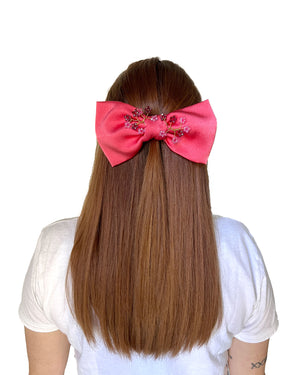 Coral satin hair bow with embroidered crystal flowers