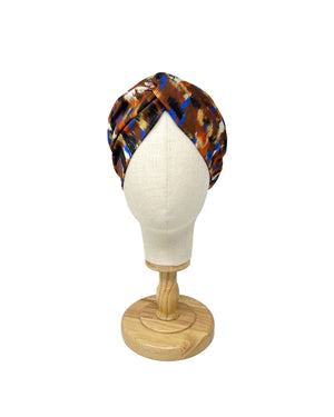 Spotted patterned cotton satin headband in shades of camel electric blue orange