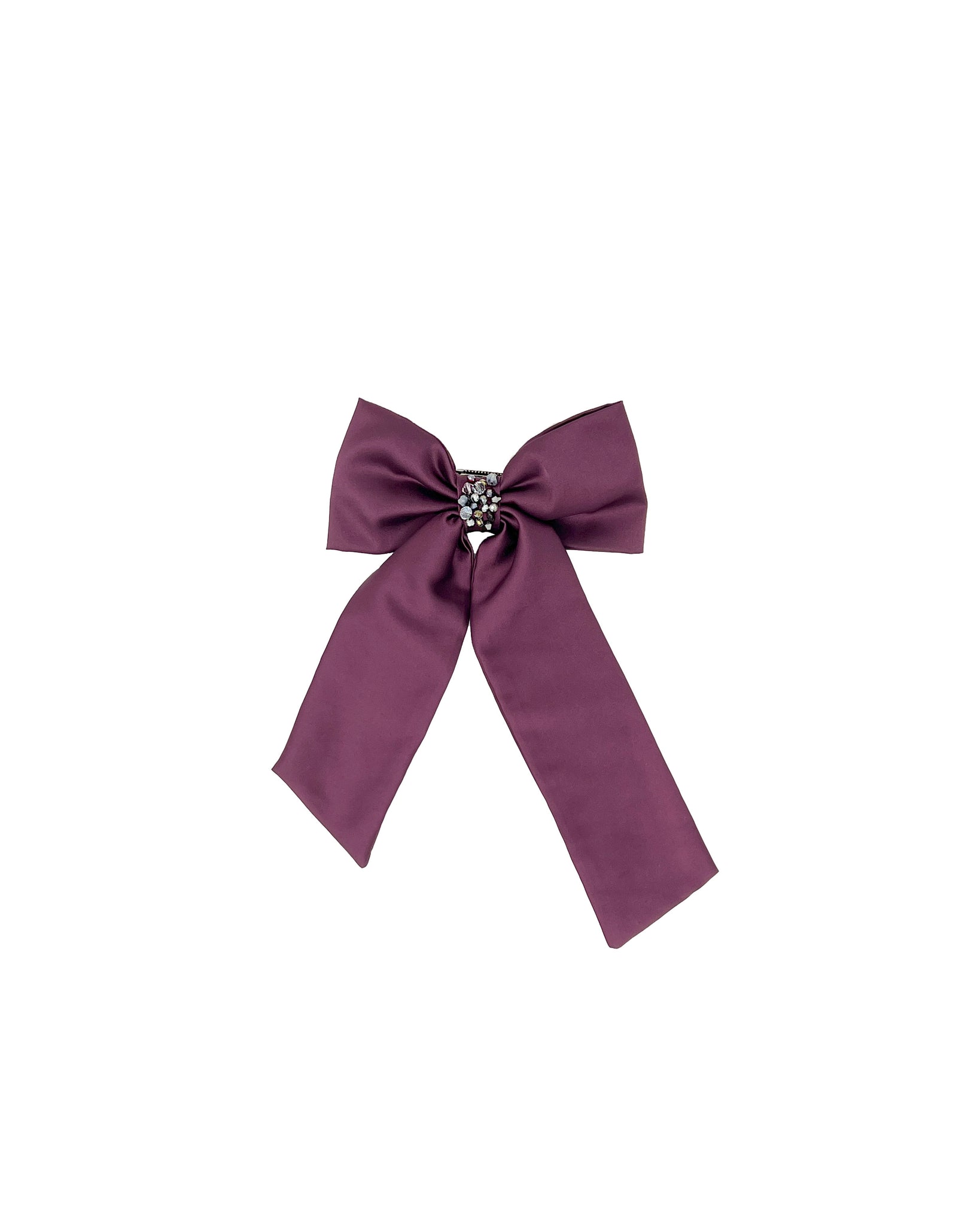 Dark purple satin bow clip with embroidered central knot