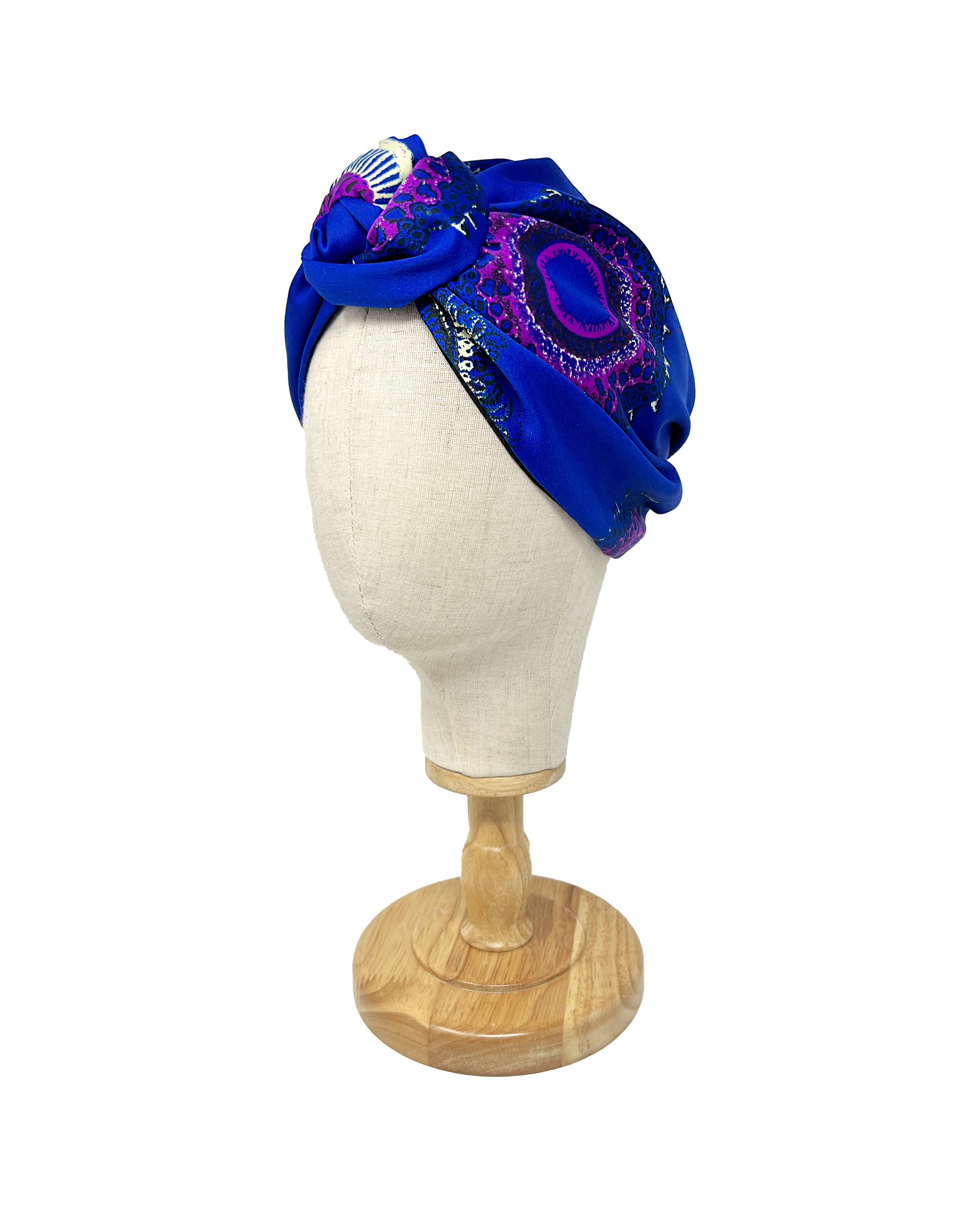 Electric blue satin turban with ethnic pattern