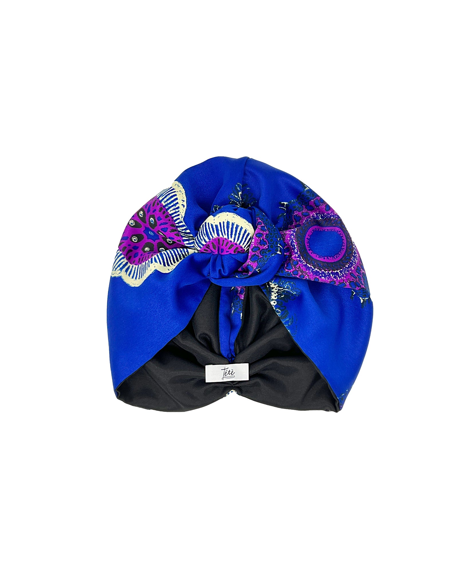 Electric blue satin turban with ethnic pattern