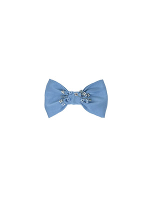 Light blue satin hair bow with embroidered crystal flowers