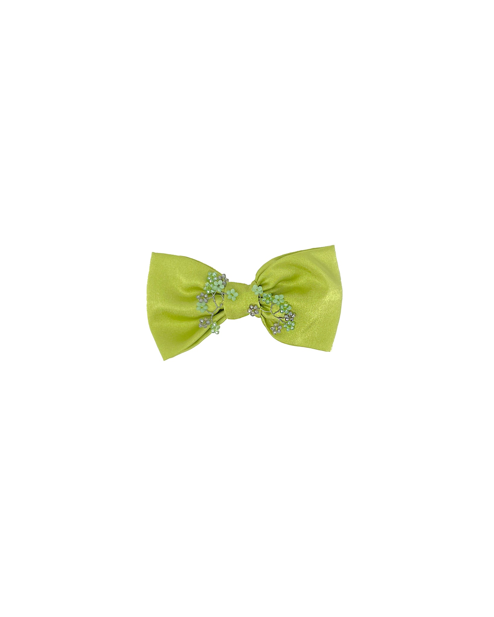 Lime green satin hair bow with embroidered crystal flowers