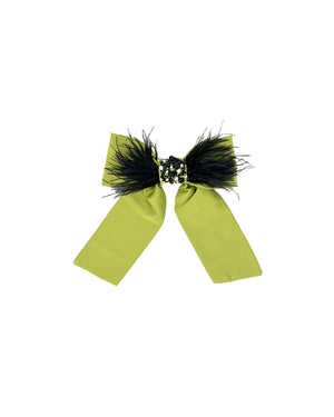 Lime green satin hair bow with feathers