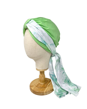 Acid green jersey turban with white patterned silk scarf