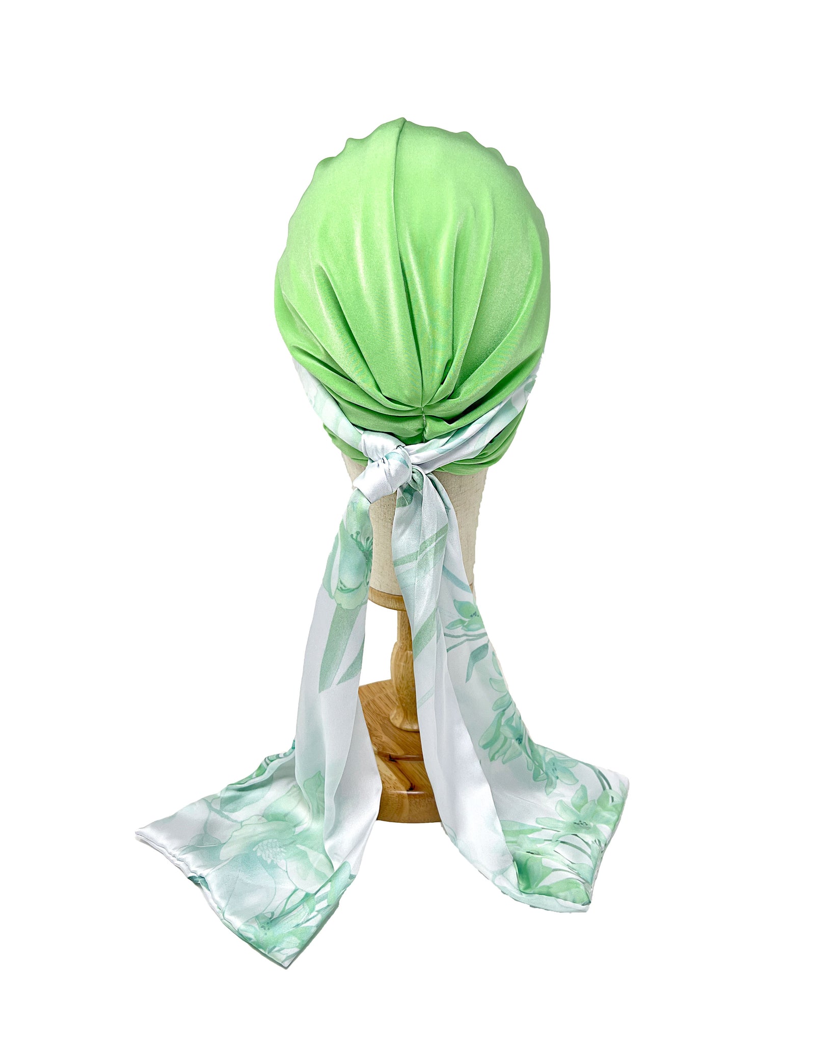 Acid green jersey turban with white patterned silk scarf