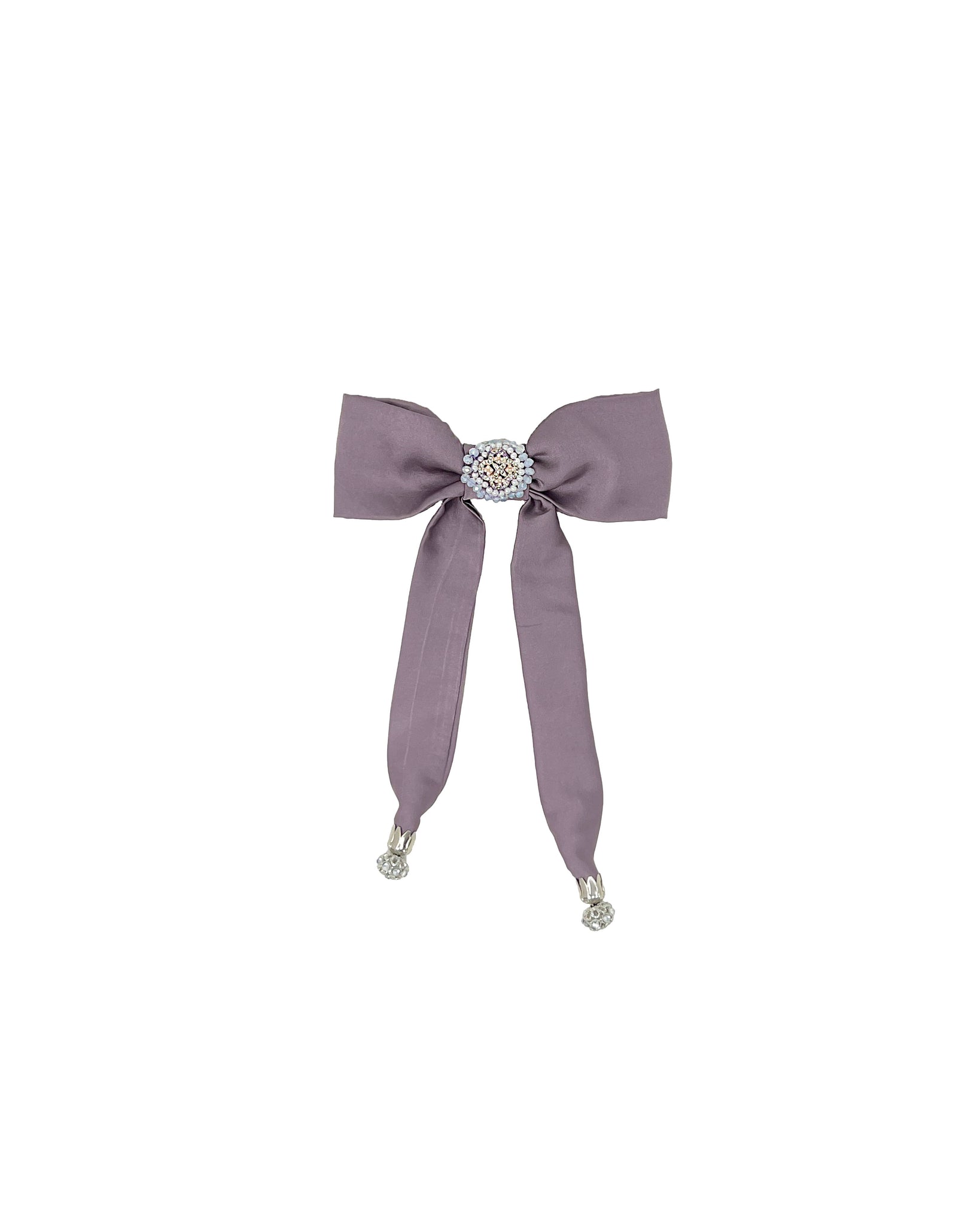 Mauve satin bow clip with embroidered central knot