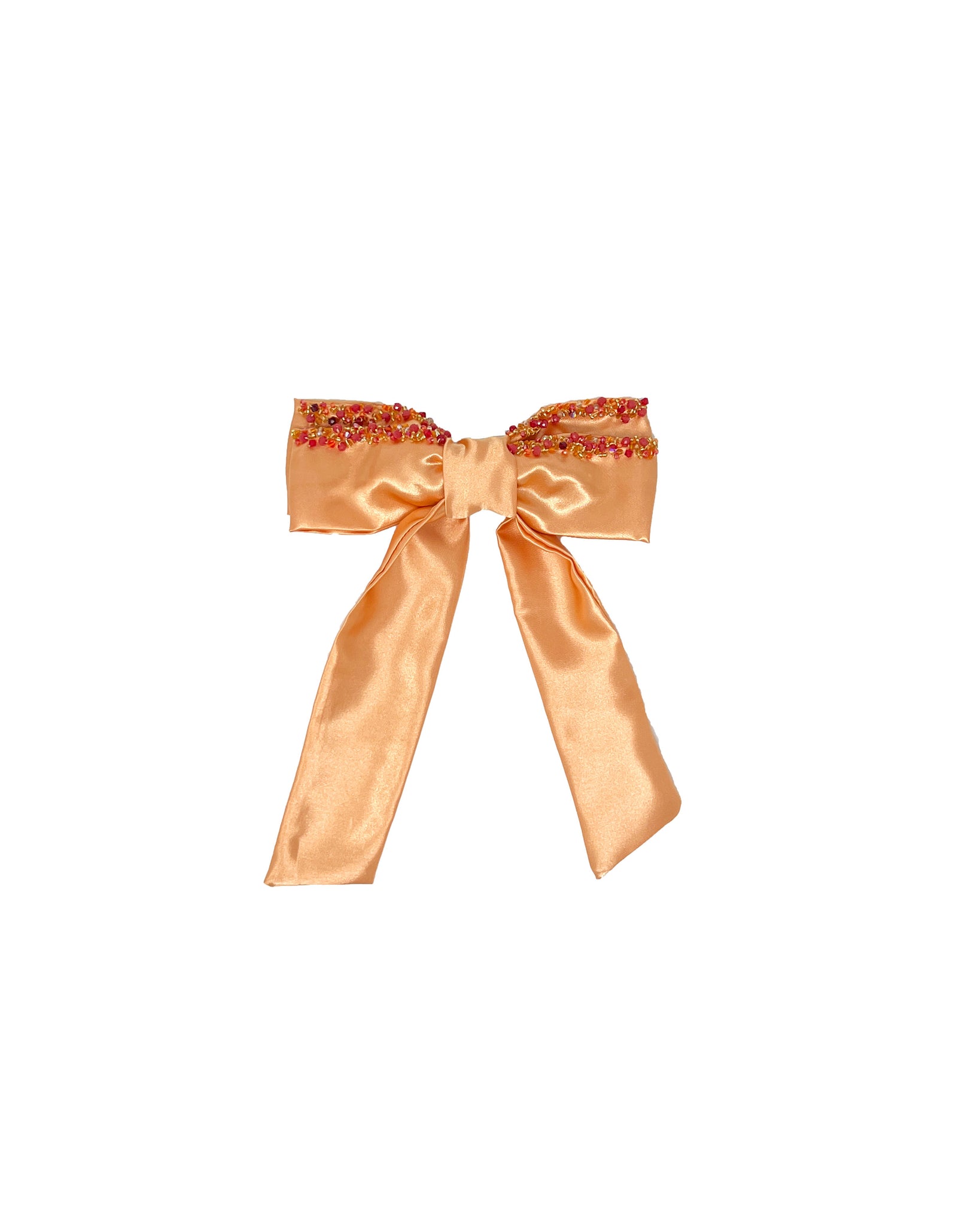 Double orange satin hair bow with embroidered crystals