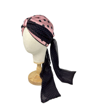 Antique pink crepe turban with black polka dots and micro polka dots scarf