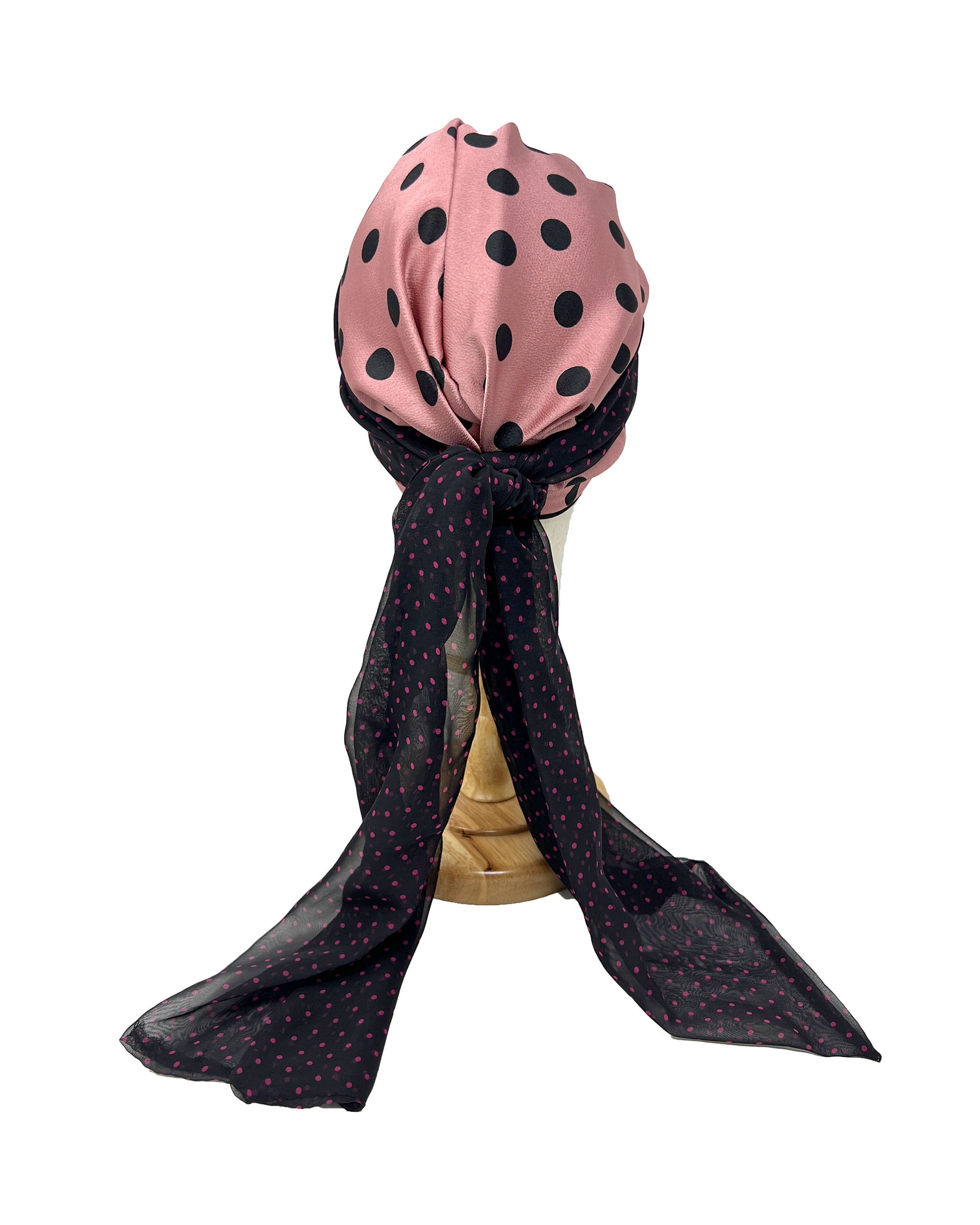 Antique pink crepe turban with black polka dots and micro polka dots scarf