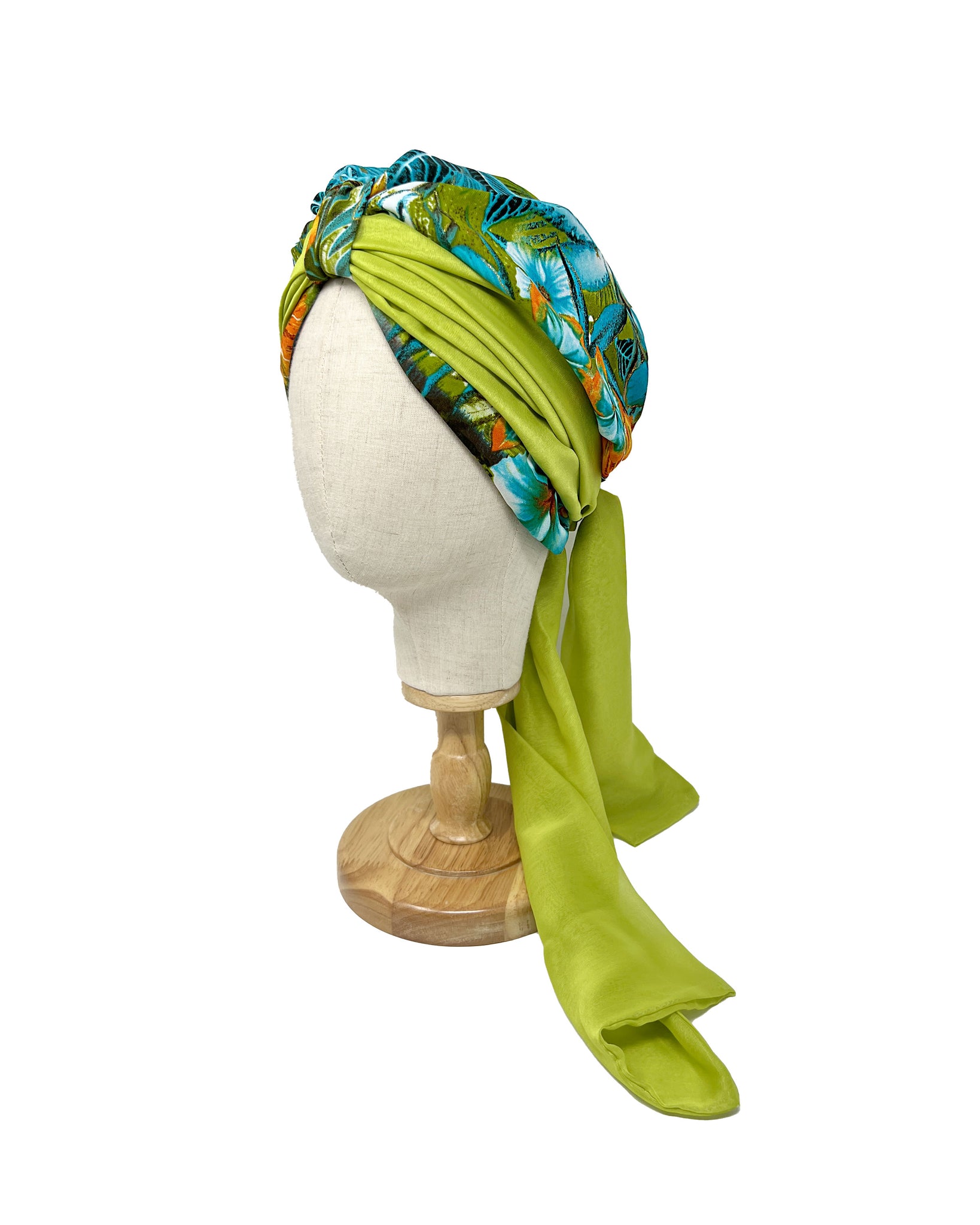 Tropical patterned cotton turban with acid green chiffon scarf