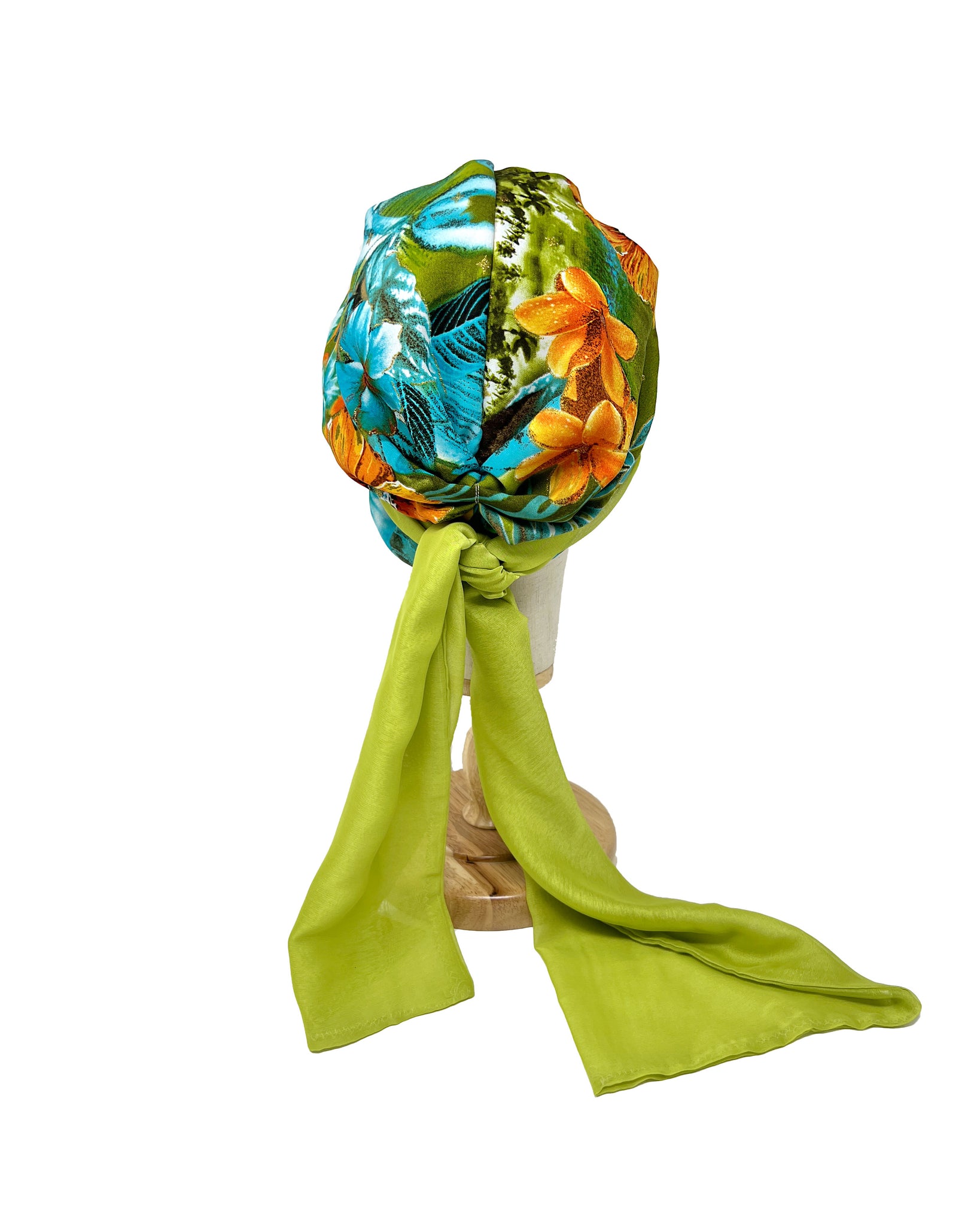 Tropical patterned cotton turban with acid green chiffon scarf