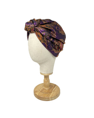 Purple brocade turban with gold paisley pattern