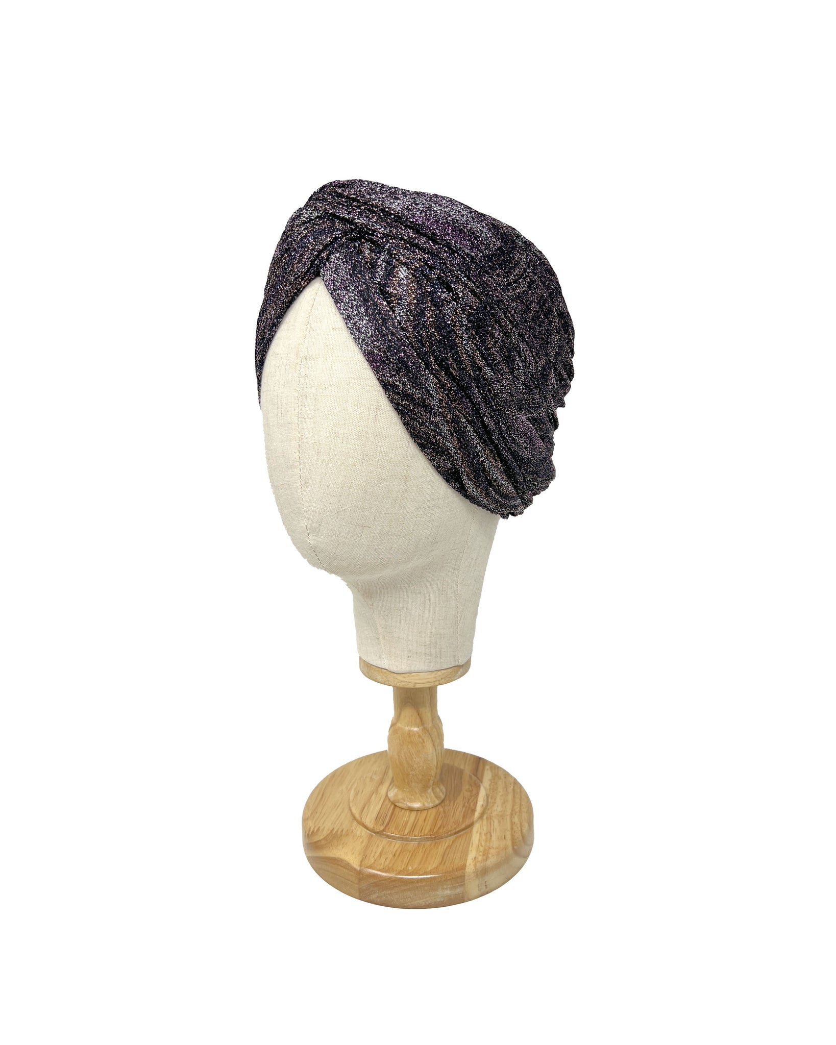 Dark violet and grey patterned lurex turban