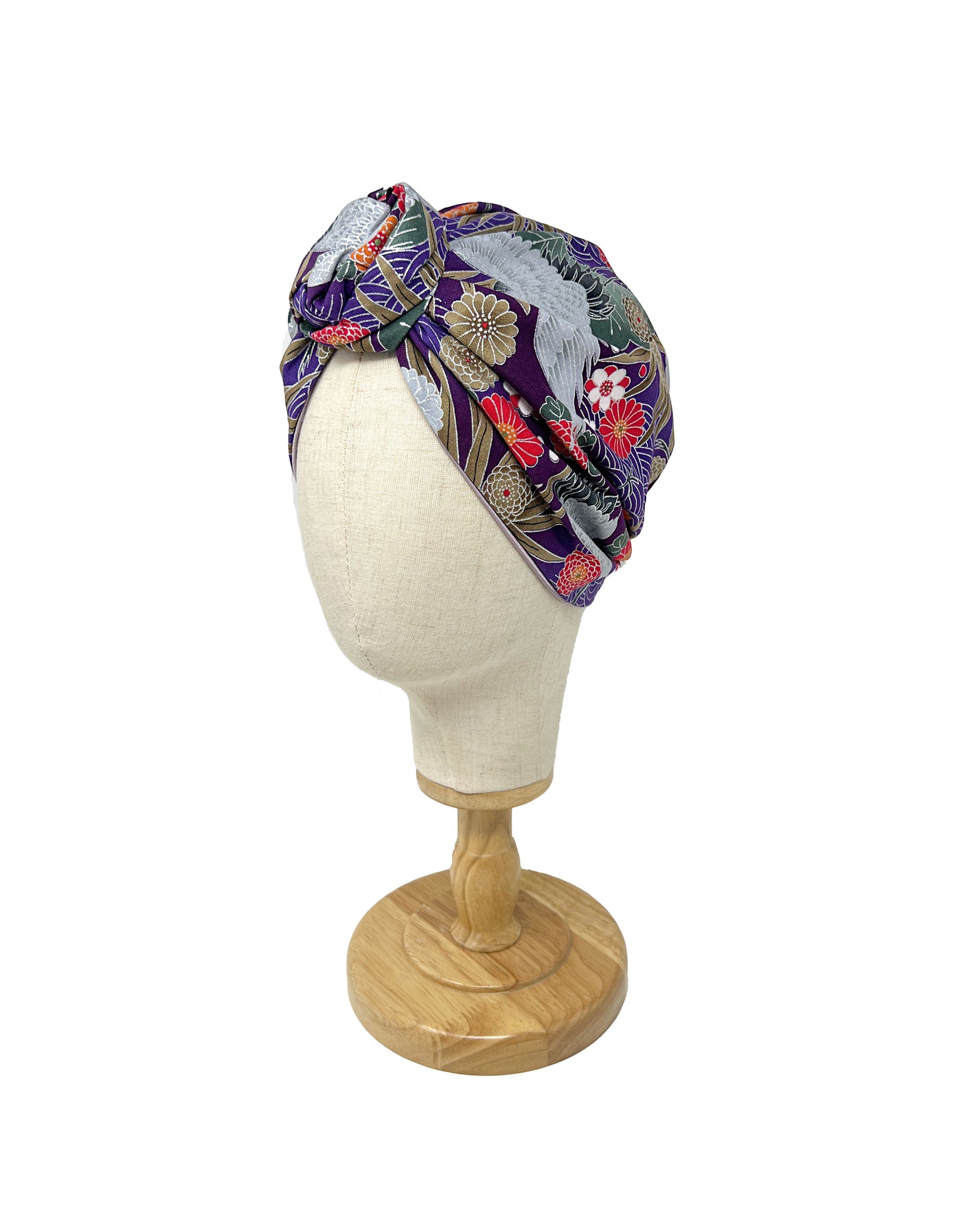 Dark violet cotton turban with japanese floral pattern