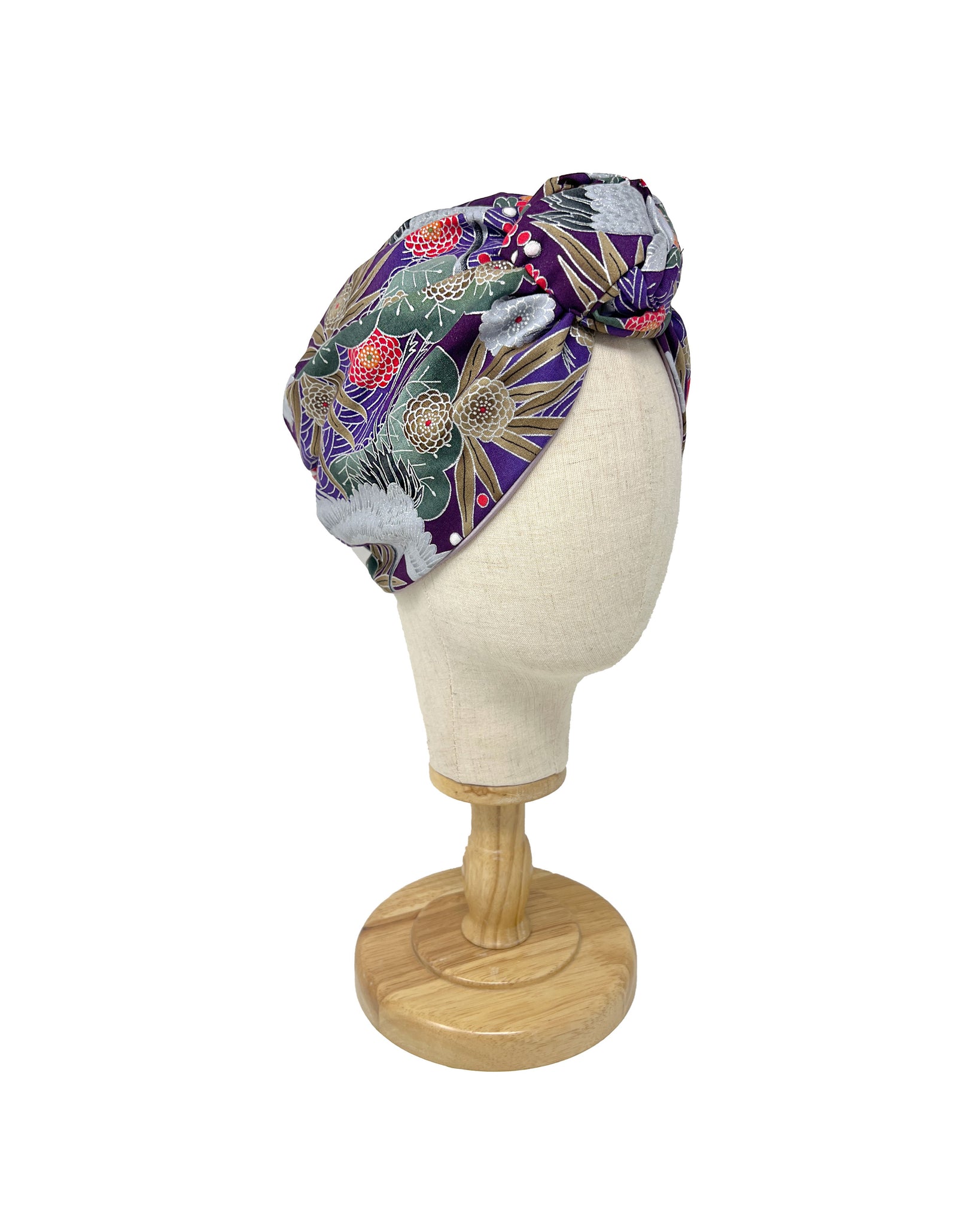 Dark violet cotton turban with japanese floral pattern