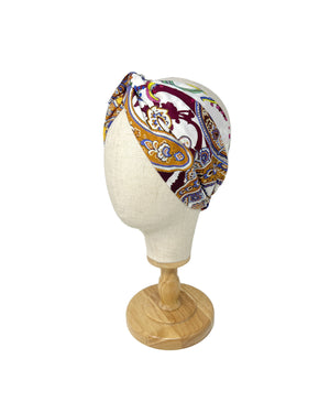 White cotton headband with violet and yellow cashmere pattern