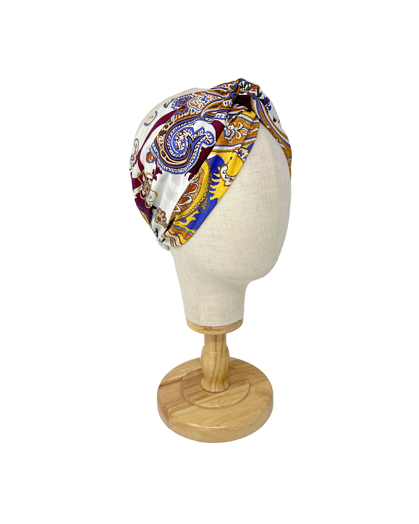 White cotton headband with violet and yellow cashmere pattern