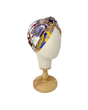 White cotton headband with violet and yellow cashmere pattern