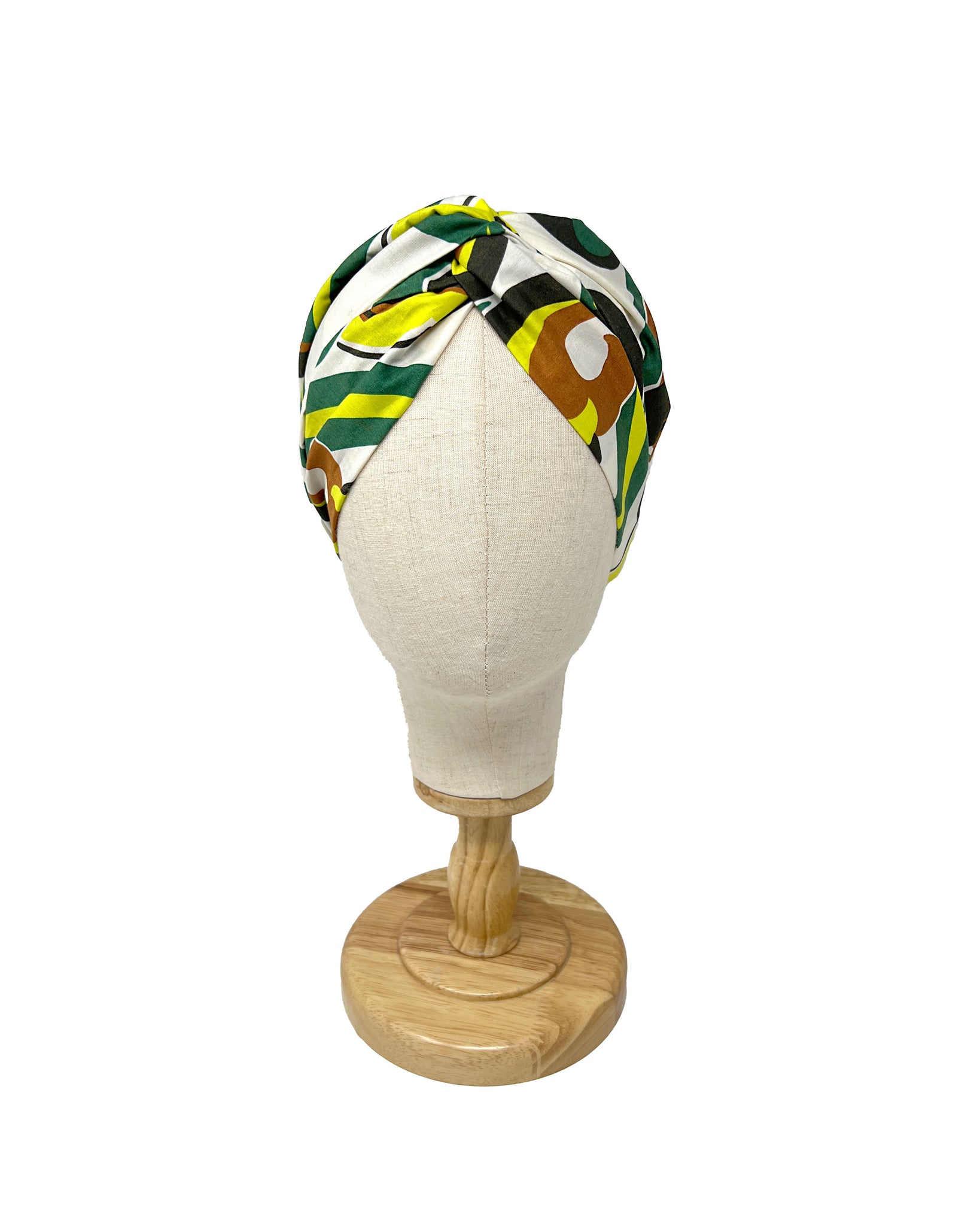 White cotton headband with yellow green and brown cashmere pattern