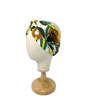 White cotton headband with yellow green and brown cashmere pattern