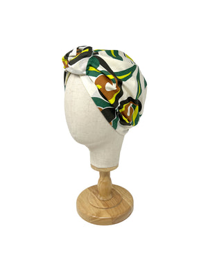 White cotton turban with yellow green and brown cashmere design